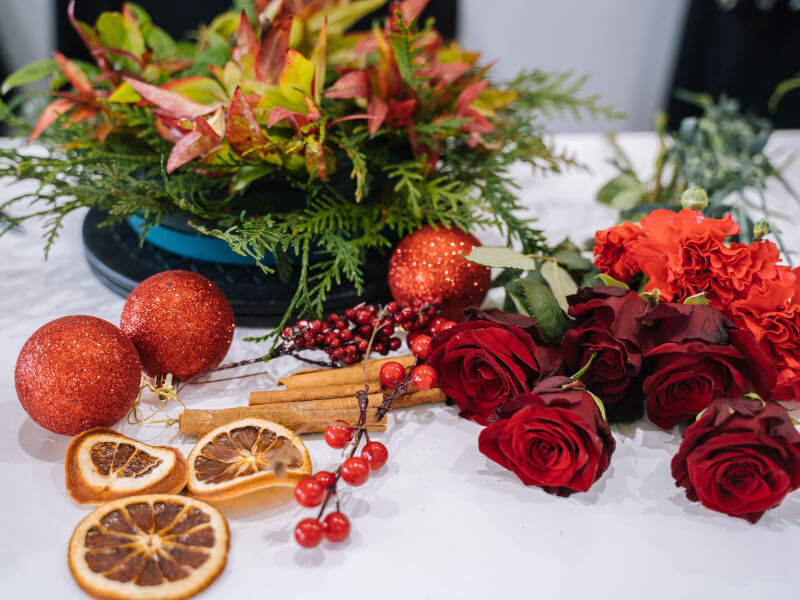 A selection of festive floral design materials.